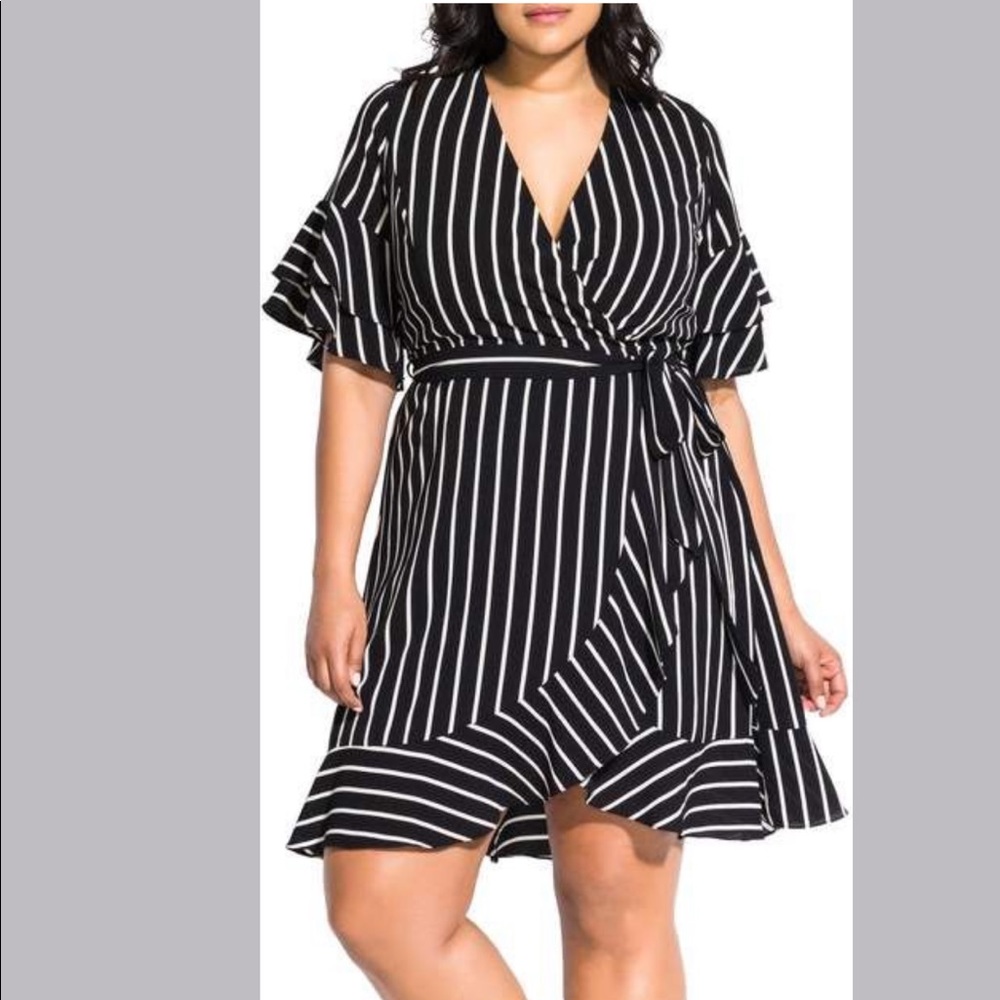City Chic Black and White Striped Wrap Dress